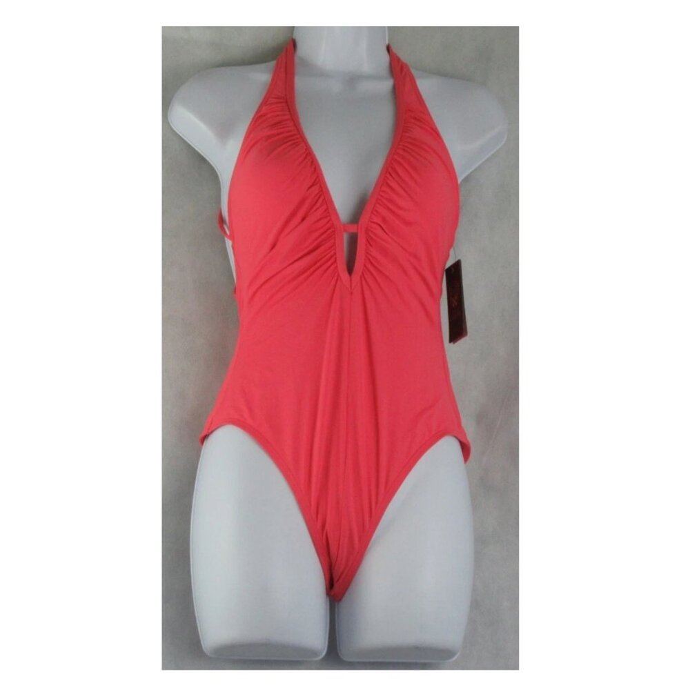NWT Vince Camuto Women's Plunge Cutout One-Piece Swimsuit, Pop Coral, Size 8